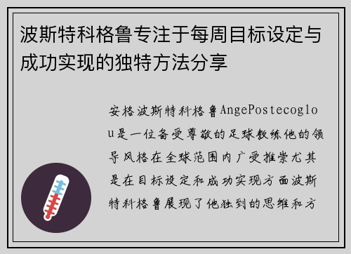 波斯特科格鲁专注于每周目标设定与成功实现的独特方法分享